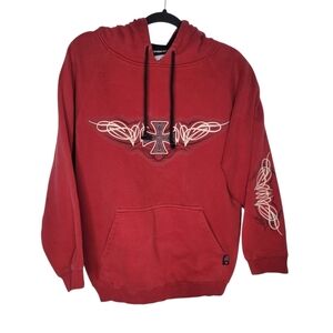 Vintage Y2K Top Heavy Iron Cross Tribal Pullover Hoodie in Red Size Medium